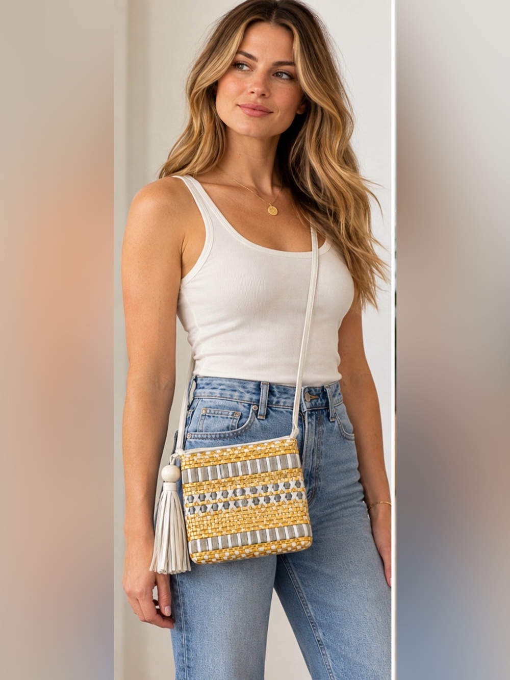 Vintage Sharif Metallic Gold White Woven Crossbody Tassel Bag